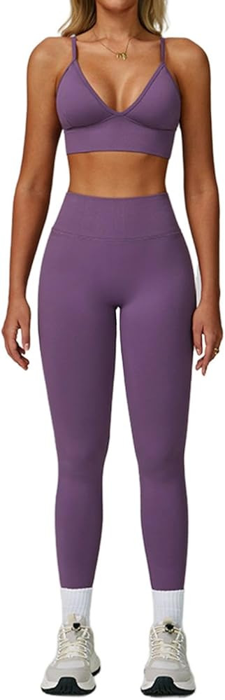 Workout Sets for Women 2 Piece Backless Strappy Sports Bra Seamless Leggings Matching Set Yoga Ou... | Amazon (US)