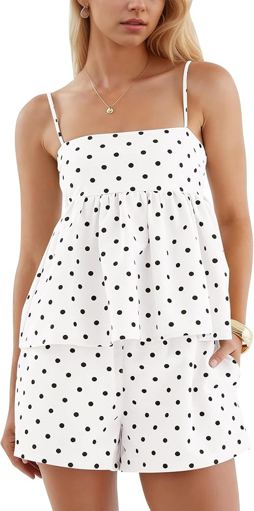 MISSACTIVER Polka Dots 2 Piece Sets For Women Summer Linen Peplum Tank Tops Shorts Sets Camisole ... | Amazon (US)