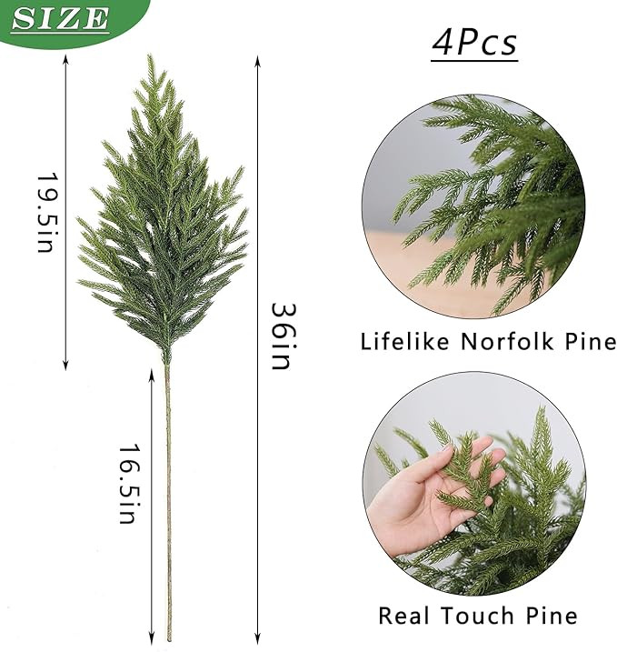 YXZZWL 4 Pcs Christmas Norfolk Pine Branches, 36 Inch Real Touch Artificial Norfolk Pine Branch F... | Amazon (US)