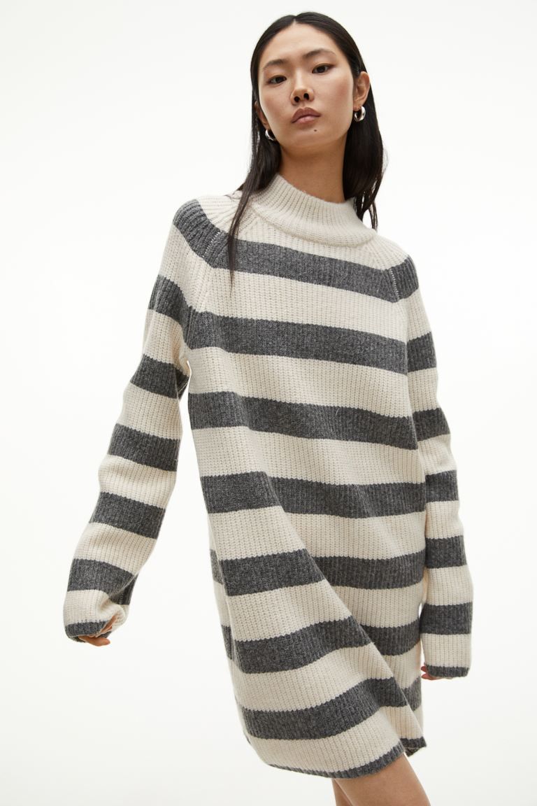 Rib-knit Mock Turtleneck Dress - Cream/striped - Ladies | H&M US | H&M (US)