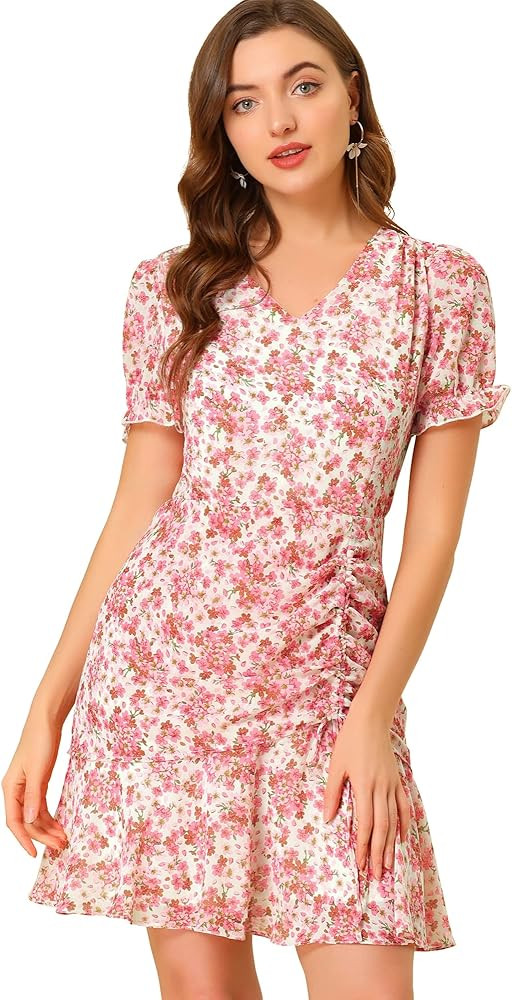 Allegra K Floral Dress for Women's Ruffle Puff Sleeve V Neck Chiffon Drawstring Ruched Dress | Amazon (US)