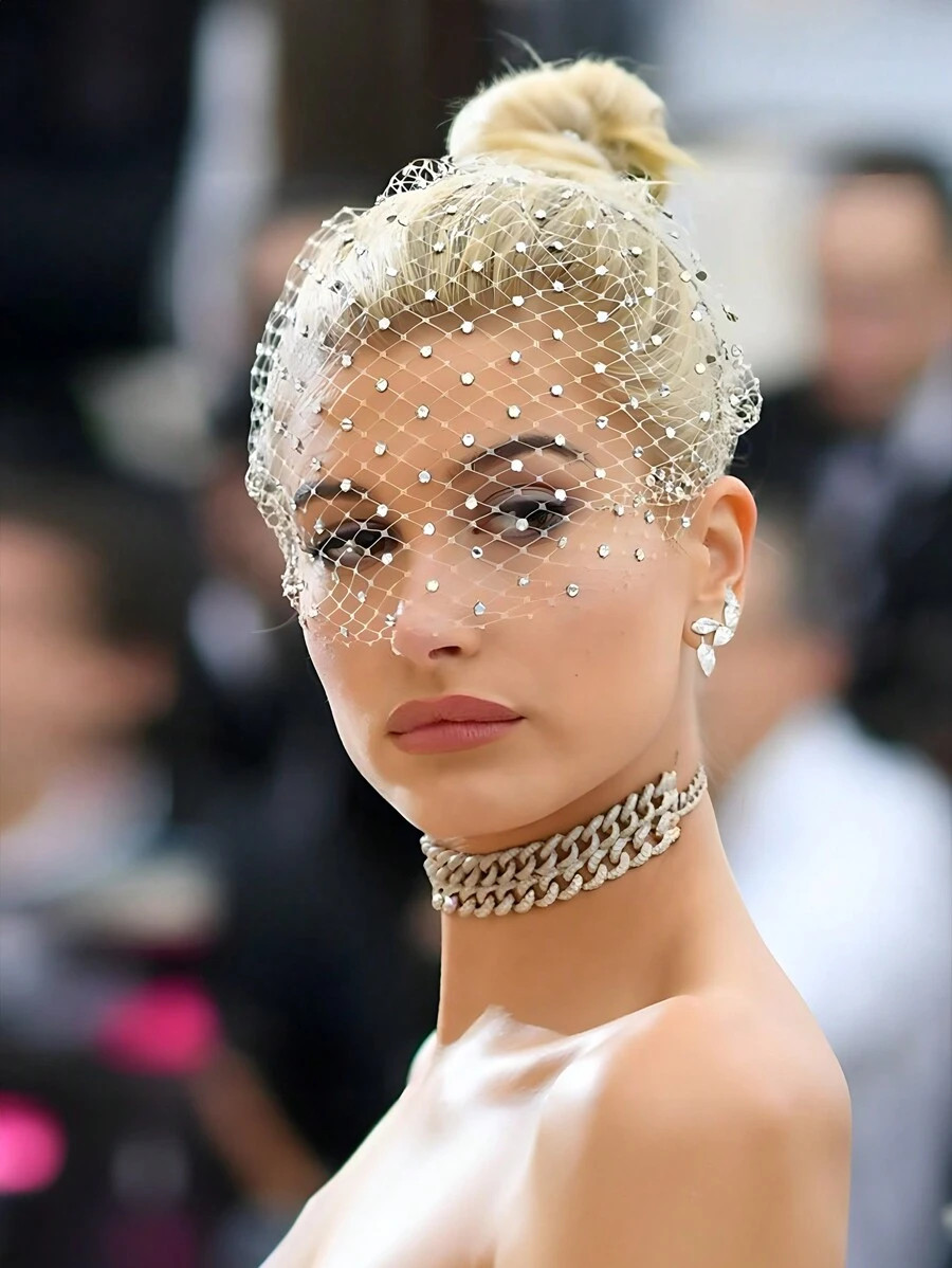 1pc Faux Diamond Pearl Bridal Headdress, Veil, Mesh Hairband, Black And White Bridal Headdress, R... | SHEIN