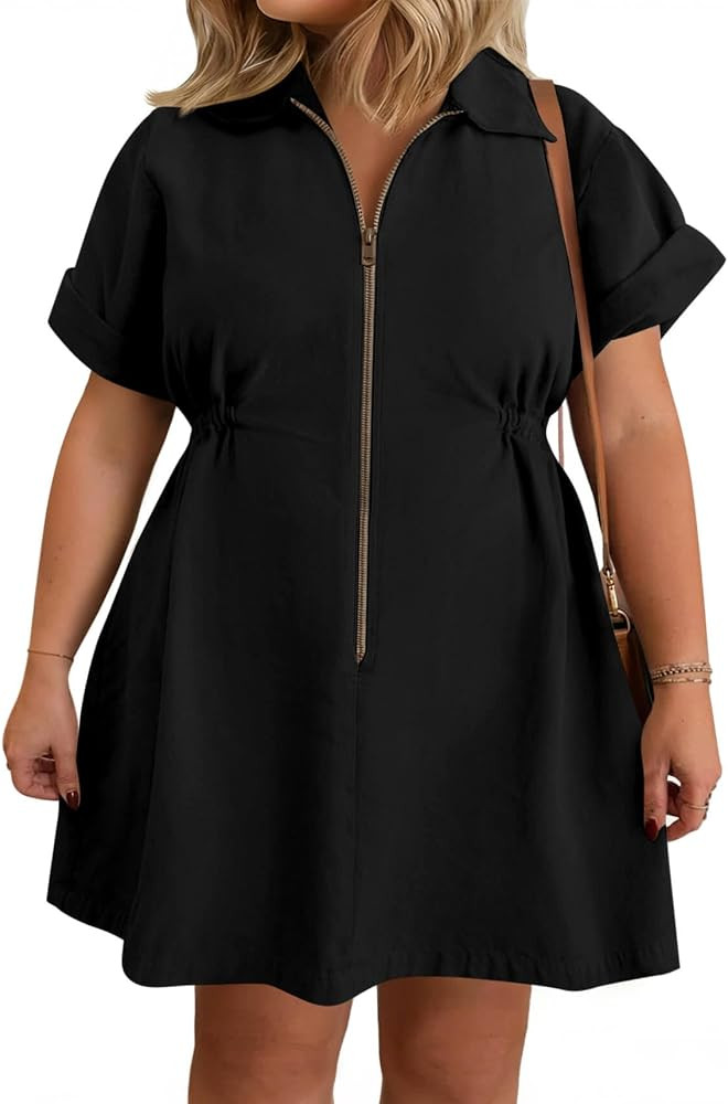 Beautife Women's Plus Size Shirt Dress Short Sleeve Zip Up Lapel Summer Casual Mini Dresses with ... | Amazon (US)