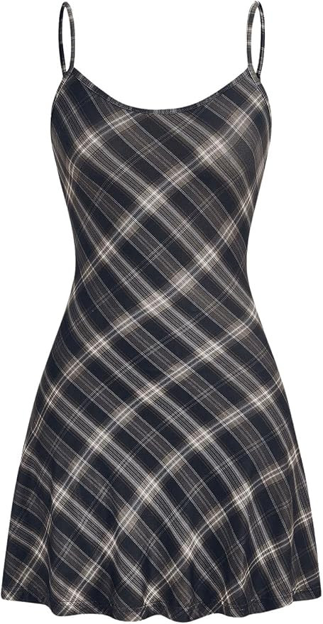 WDIRARA Women's Plaid Spaghetti Strap Cami Dress Sleeveless Flared Hem Mini Dress | Amazon (US)
