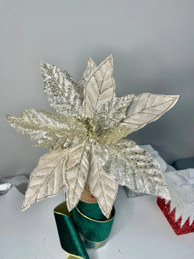 Champagne Glittered Poinsettia Christmas Stem Spray 13'' Set of 3 - Etsy | Etsy (US)