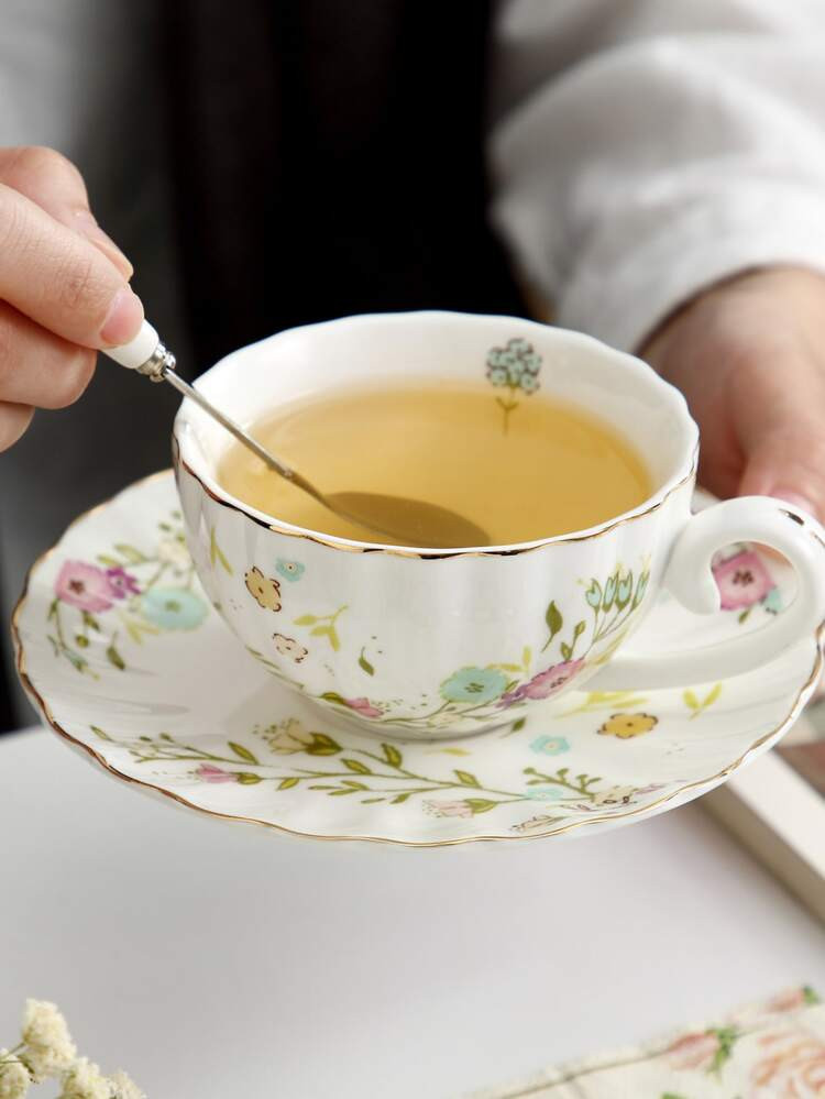 1pc Porcelain Mug With 1pc Saucer, Modern Flower Pattern Mug & Saucer Set For Home | SHEIN