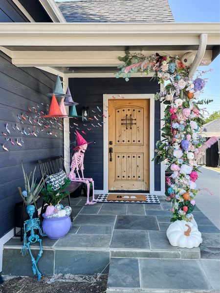 Halloween porch decor from At Home! I spray painted a lot of the goodies here! Exact items linked 