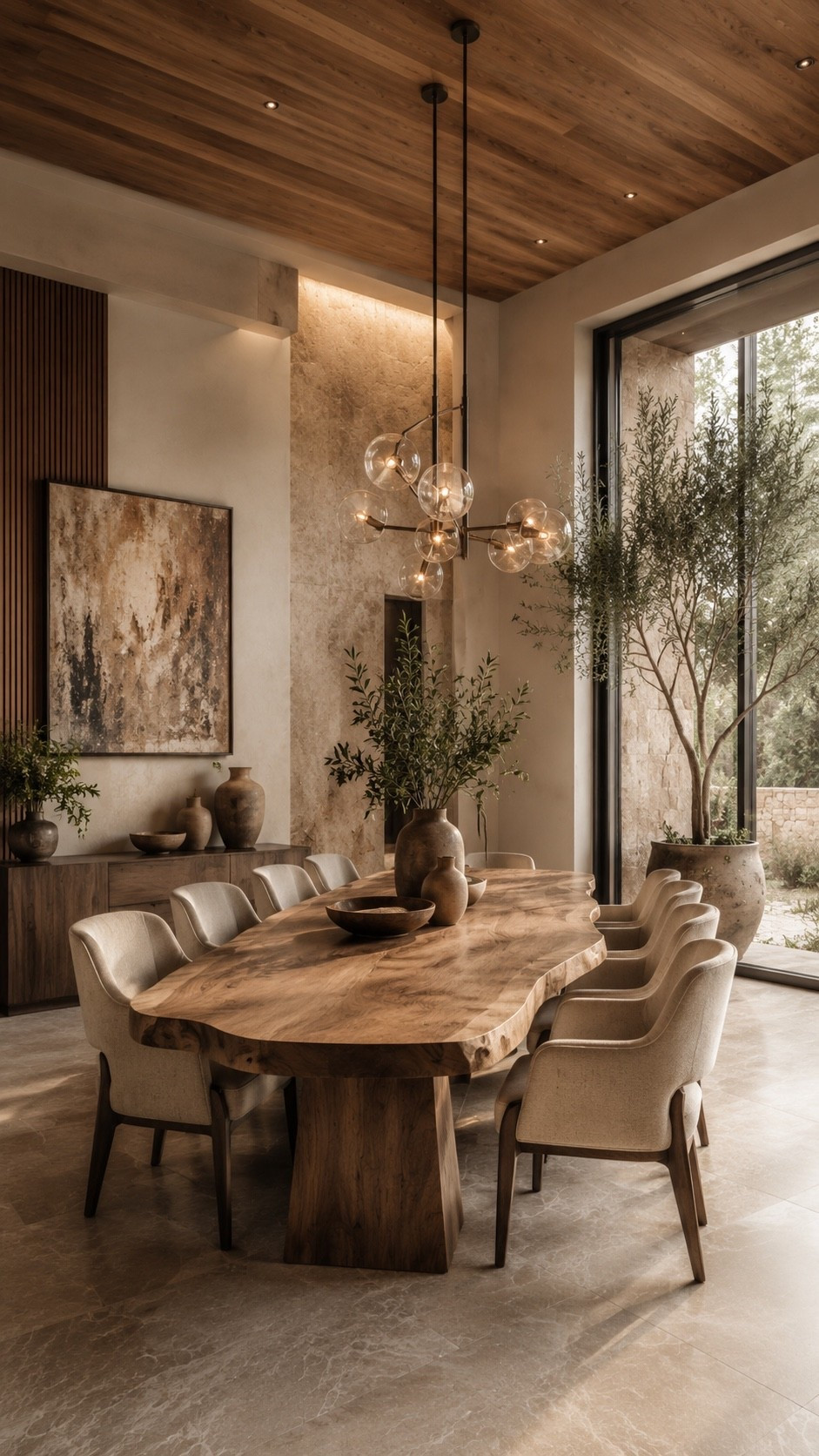 Shop This Room — link below. Recreate this warm organic-modern dining room with a sculptural live-edge wood table, soft cream upholstered chairs, delicate glass pendant lights and rich natural textures. Warm wood ceilings, oversized greenery and earthy neutral decor create an elevated designer space with a relaxed quiet-luxury feel.

#DiningRoomInspo #OrganicModern #ModernDiningRoom #DiningRoomDecor #LuxuryDiningRoom #WarmModern #NeutralHome #EarthyInteriors #InteriorDesign #HomeDecor #LuxuryInteriors #QuietLuxury #ModernHome #DiningRoomIdeas #LuxuryHome #WarmMinimalism #DesignerHome #InteriorInspo #HomeInspiration #LTKHome #LTKFinds #HomeFinds #ModernDecor