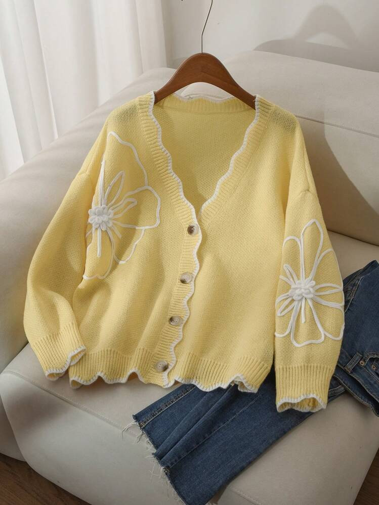 CosyJoli Plus Size Elegant Casual Women Cardigans 3D Floral Contrast Color Cardigan Sweater, For Winter | SHEIN