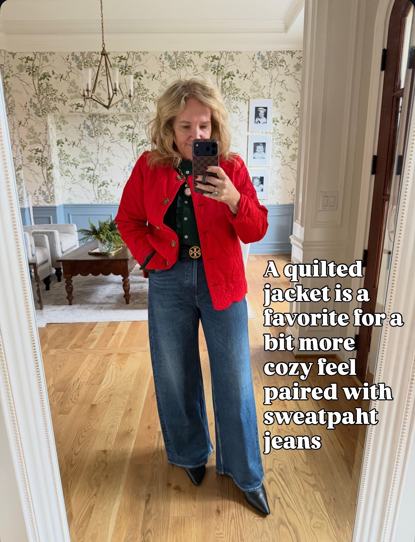 Quilted jacket size petite medium
Sweatpants jeans these are the original. I did size down to a 28.
