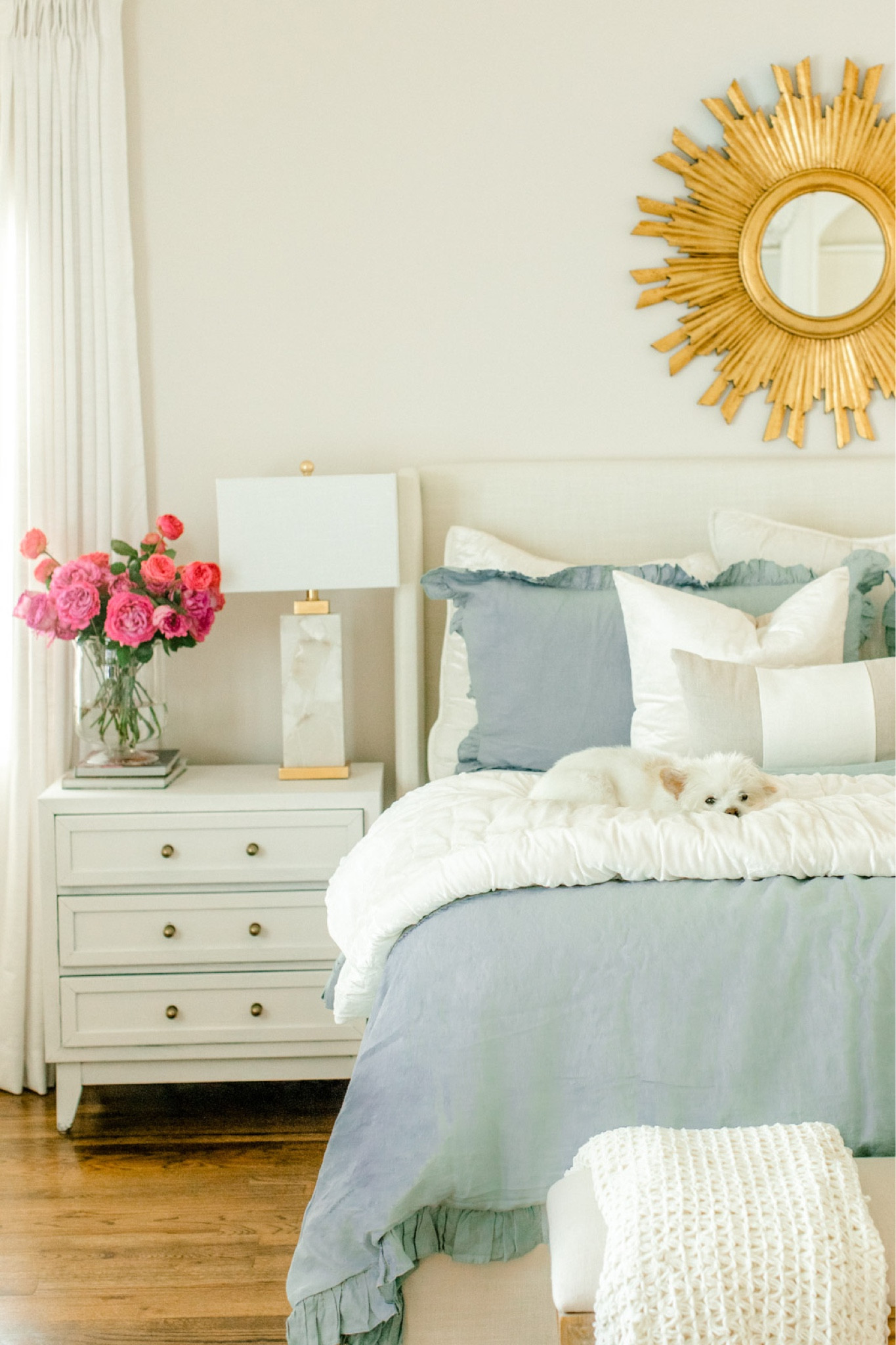 Dusty blue linen ruffle duvet and shams bedspread Amazon bedding gold starburst Sunburst mirror marble alabaster and gold white lamp linen lumbar pillow￼

#LTKhome #LTKstyletip #LTKunder50