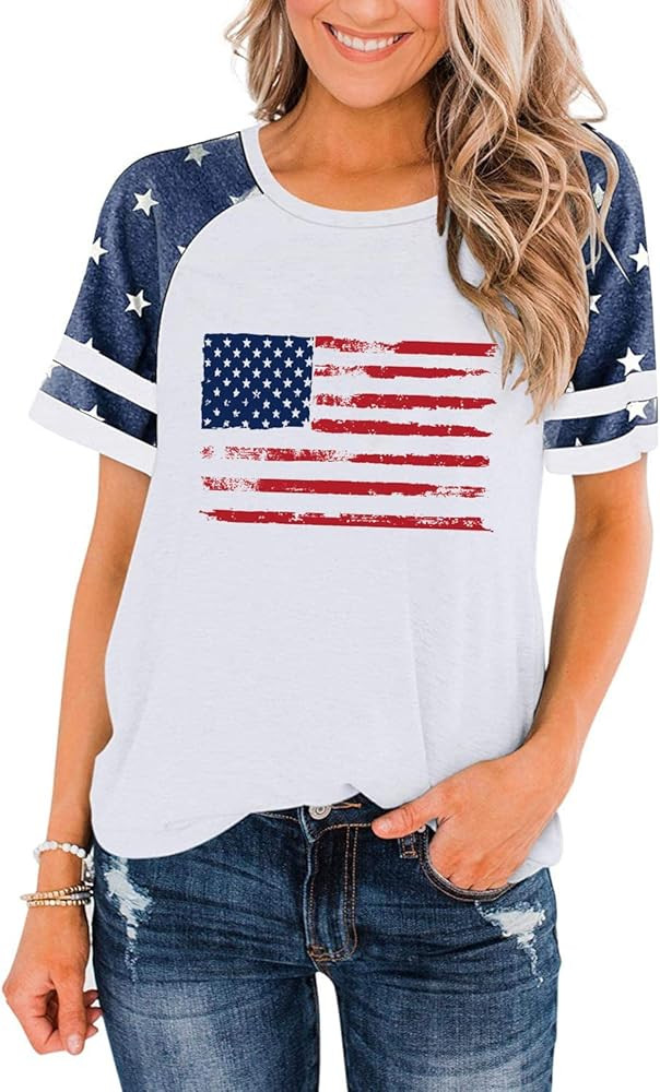 American Flag T Shirt Women 4th of July Shirts Raglan Short Sleeve Patriotic Tee Tops | Amazon (US)