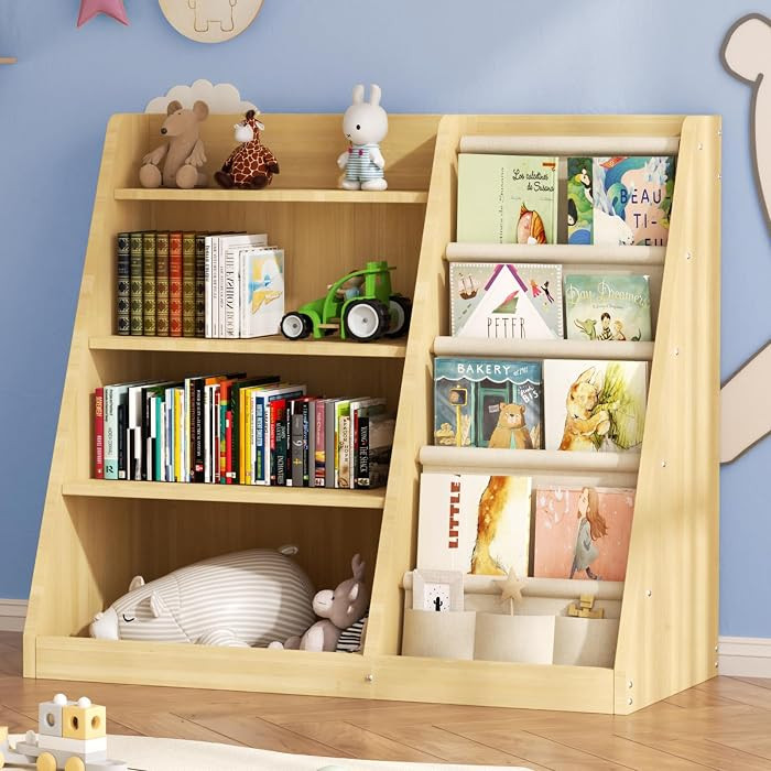 Kids Bookshelf and Toy Storage Organizer, 4 Tier Wooden Kids Book Shelf with Sling Book Rack in K... | Amazon (US)