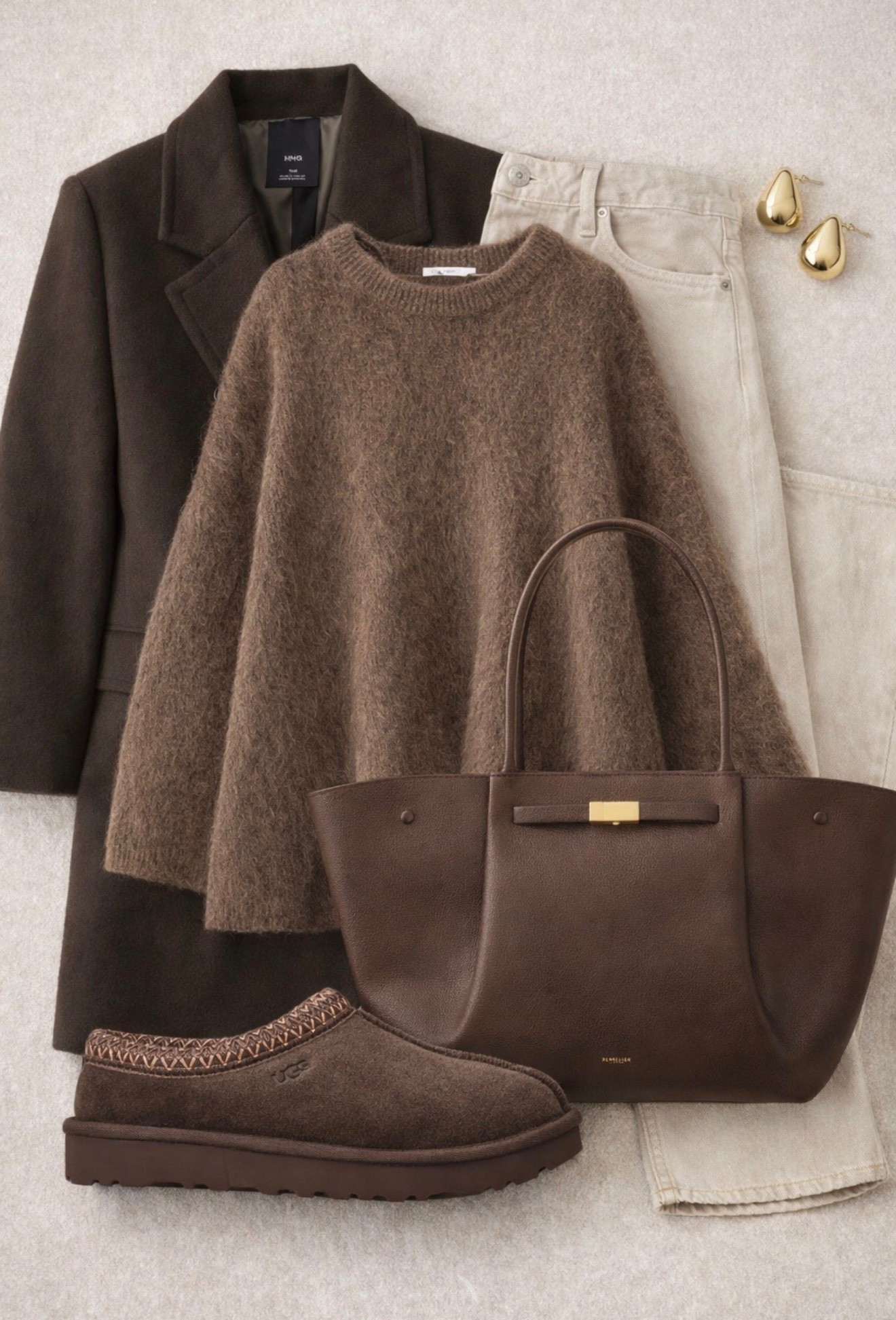 Minimalist mirror selfie of a chic woman in a neutral capsule wardrobe outfit: long dark brown tailored coat, beige ribbed turtleneck sweater, light-wash straight jeans, brown suede loafers, structured leather tote. Golden retriever puppy wearing matching coat and knit sweater beside her. Clean Scandinavian apartment, soft natural light, calm aesthetic, quiet luxury vibe, neutral palette, modern lifestyle fashion photography, vertical composition.

30 words (with /):
Tailored/long/brown/coat / soft/beige/turtleneck / light/wash/straight/jeans / suede/brown/loafers / structured/leather/tote / cozy/minimalist/neutral/aesthetic / golden/retriever/style/match / quiet/luxury/everyday/chic / effortless/fall/classic

Hashtags:
#quietluxury #capsulewardrobe #minimalstyle #neutralaesthetic #classicstyle #effortlesschic #falloutfit #cozyfashion #streetstyleminimal #timelessstyle #everydayelegance #modernminimal #styleinspo #ootdstyle #fashioninspo #minimalfashion #cleanstyle #scandinavianstyle #neutraltones #dogmomstyle #goldenretrieverlove #elevatedcasual #quietluxurylook #simplechic #capsulestyle

#LTKSpringSale #LTKdayinmylife #LTKFestival