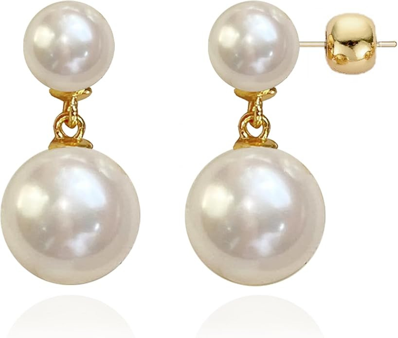 OwMell Crystal Double Beads Pearl Earrings for Women, 925 Sterling Silver Two Balls Pearl Drop Ea... | Amazon (US)