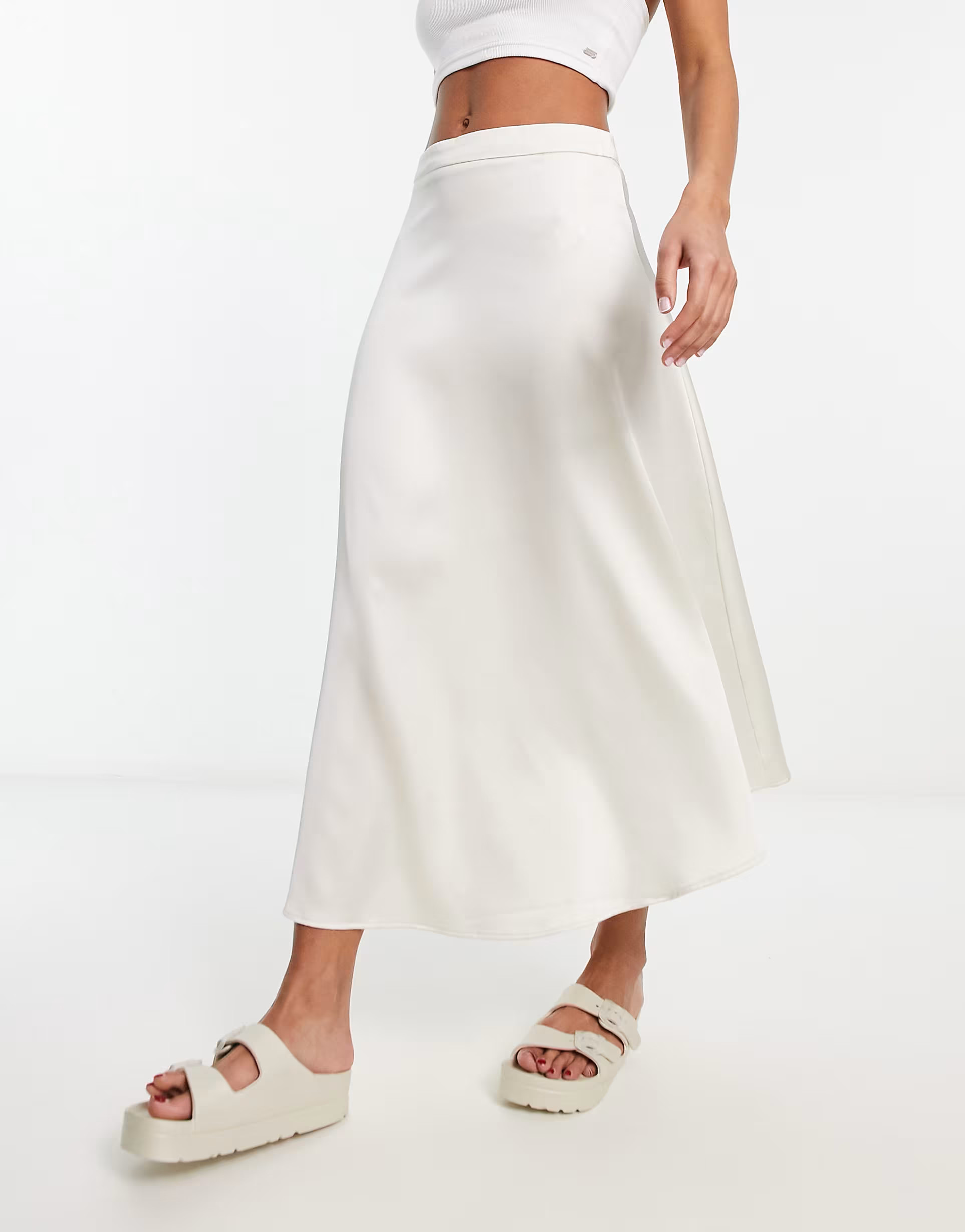 Stradivarius satin midi skirt in ecru | ASOS (Global)