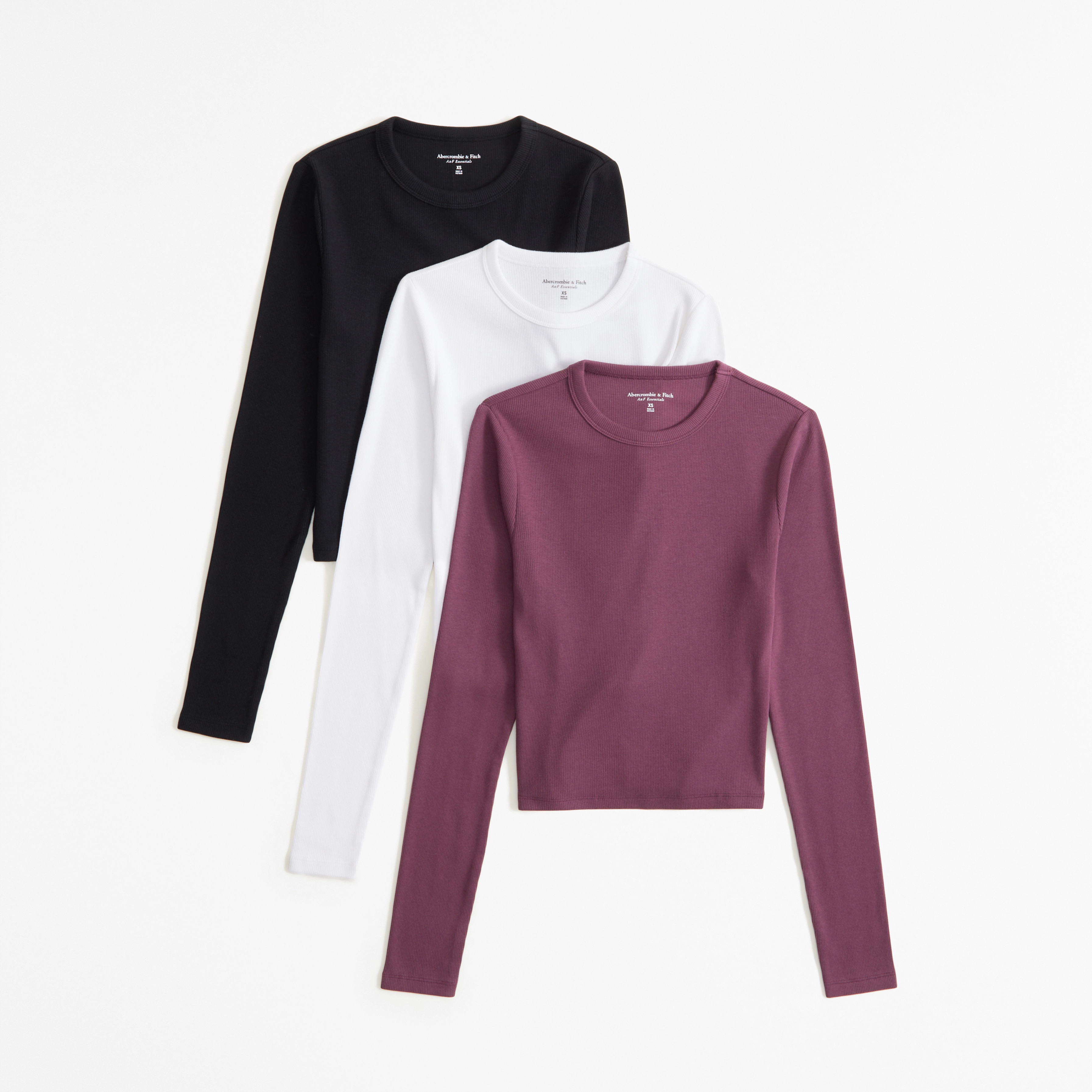 3-Pack Long-Sleeve Cropped Rib Crew Tops | Abercrombie & Fitch (US)