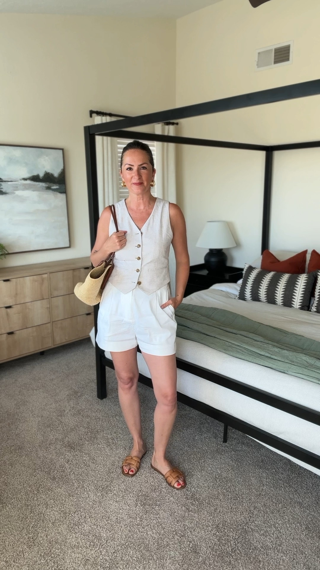 Look 2 in this series is a little more casual. This linen blend vest has been on repeat this season. Pairing it with white shorts creates an elevated casual look  

#LTKVideo #LTKStyleTip #LTKOver40