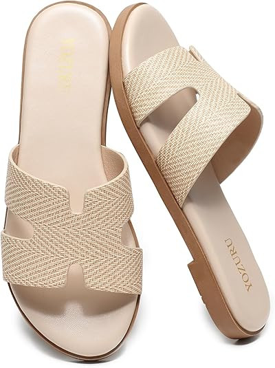 Womens Flat Sandals Open Toe Dressy Summer Sandals Comfortable Casual Slip on Leather Slides Sand... | Amazon (US)