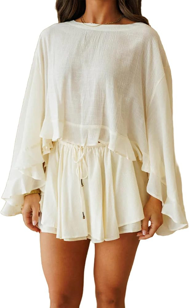 Summer Skirt Sets for Women Ruffle Loose Fit Tops and Mini Skirt Set Going out Vacation Outfits | Amazon (US)