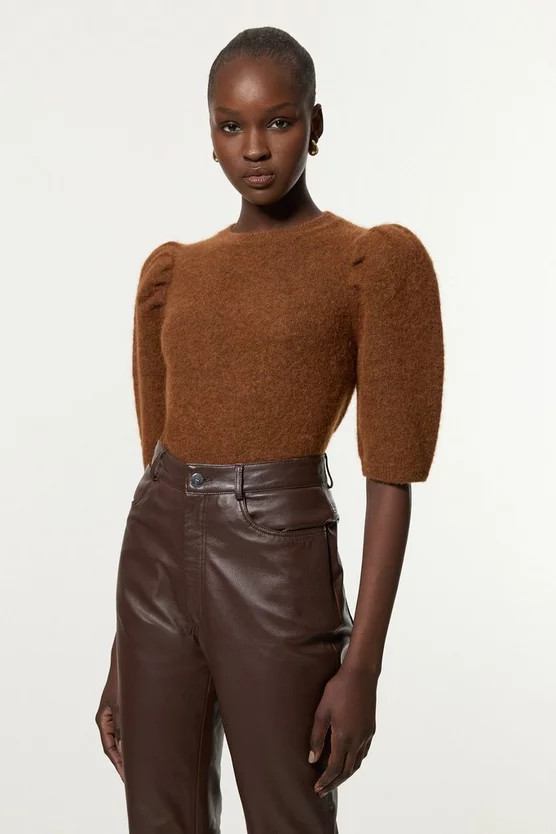Alpaca Wool Fluffy Knit Crew Neck Top | Karen Millen | Karen Millen UK + IE + DE + NL