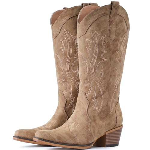 IUV Cowboy Boots For Women Western Cowgirl Boots with Chunky Heel Mid Calf Snip Toe Ideal for low insteps | Amazon (US)