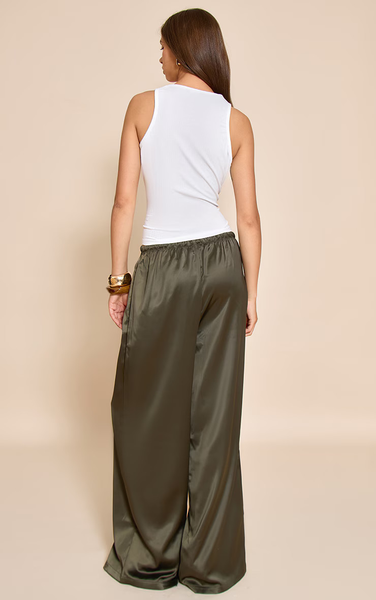 Olive Khaki Satin Wide Leg Drawstring Trousers | Bottoms | PrettyLittleThing UK