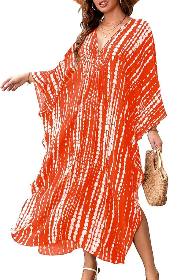 Bsubseach Women's Print Turkish Kaftan Beachwear Bikini Cover Up Maxi Dress | Amazon (US)