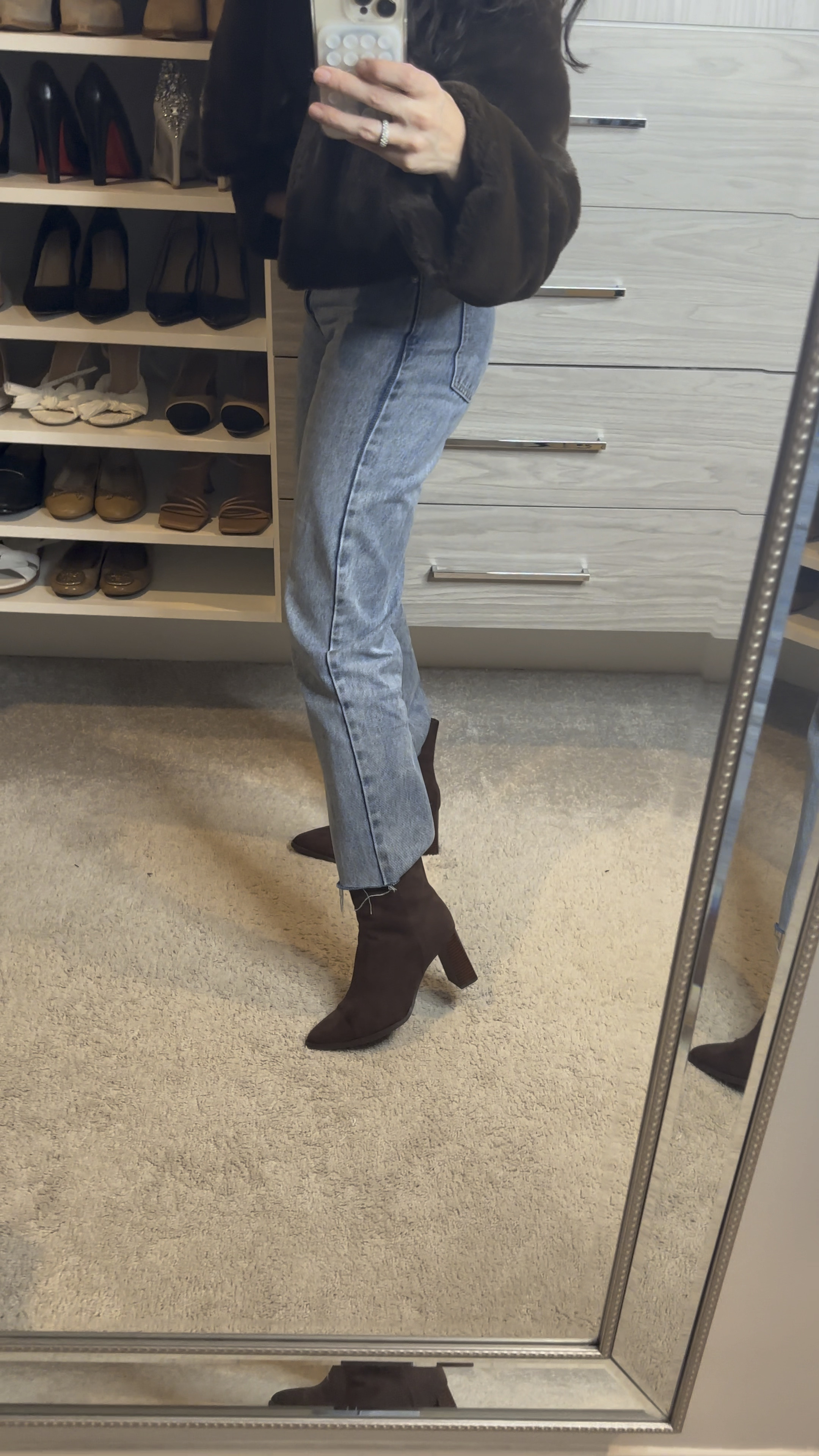 Casual winter outfit idea : winter date night with brown ankle boots / revolve jeans and crop jacket 

#LTKstyletip #LTKfindsunder100 #LTKshoecrush