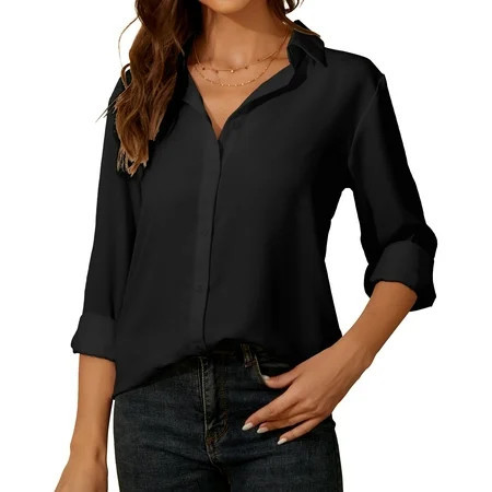 SPRING SEAON Women's Button Down Shirt Long Sleeve Classic Collared Tops Work Office Casual Chiffon Blouse | Walmart (US)