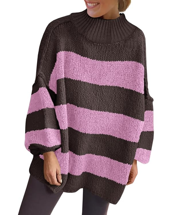 Saodimallsu Womens Oversized Striped Sweater Mock Neck Chunky Knit Lantern Long Sleeve Fall Trend... | Amazon (US)