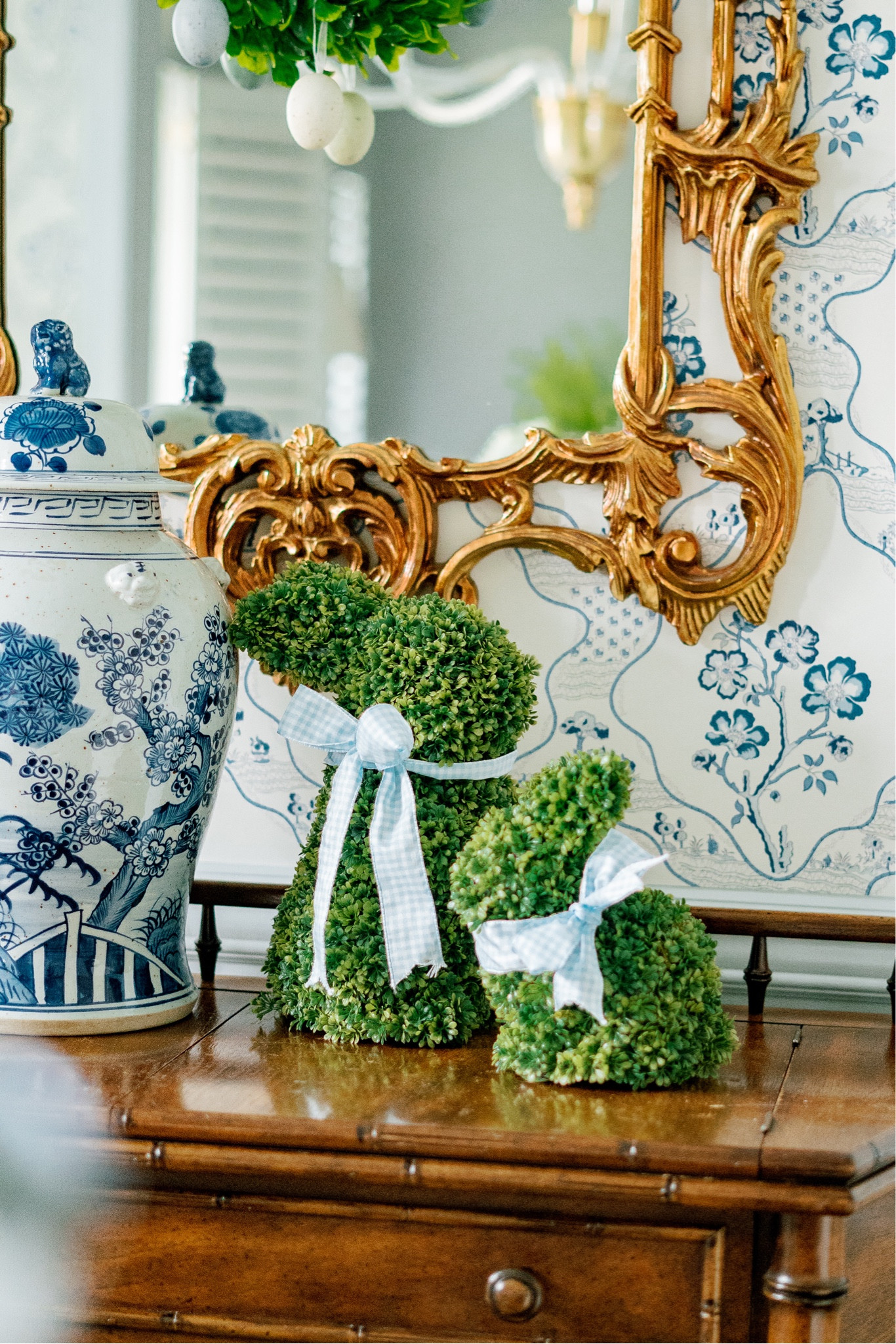 Boxwood bunnies Easter decor home decor grandmillennial blue white wallpaper hood ornate antique baroque mirror chinoiserie 

#LTKhome #LTKSeasonal #LTKunder50