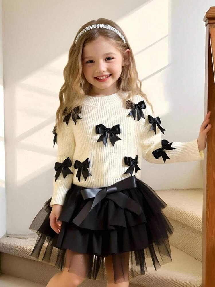 Young Girl Bow-Decorated Round-Neck Sweater For Autumn & Winter Fall | SHEIN