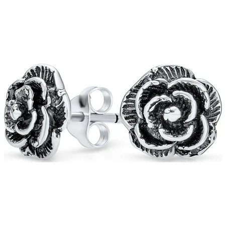 Bling Jewelry Womens Retro Vintage Floral Black Rose Stud Earrings in Oxidized Sterling Silver 8MM | Walmart (US)