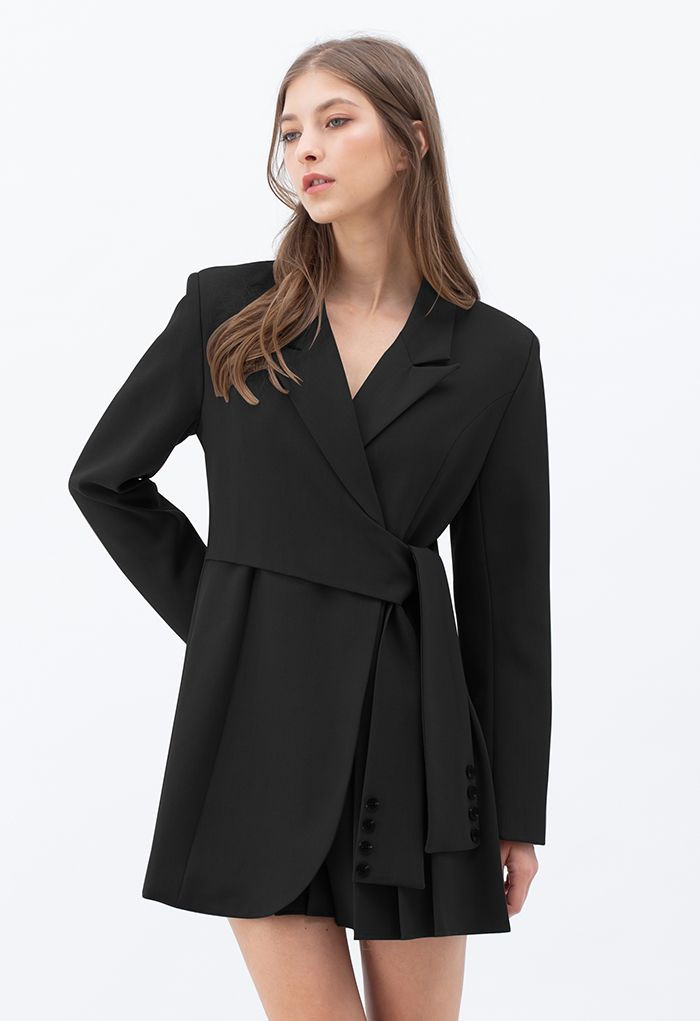 Tie Waist Pleated Pad Shoulder Blazer Dress in Black | Chicwish