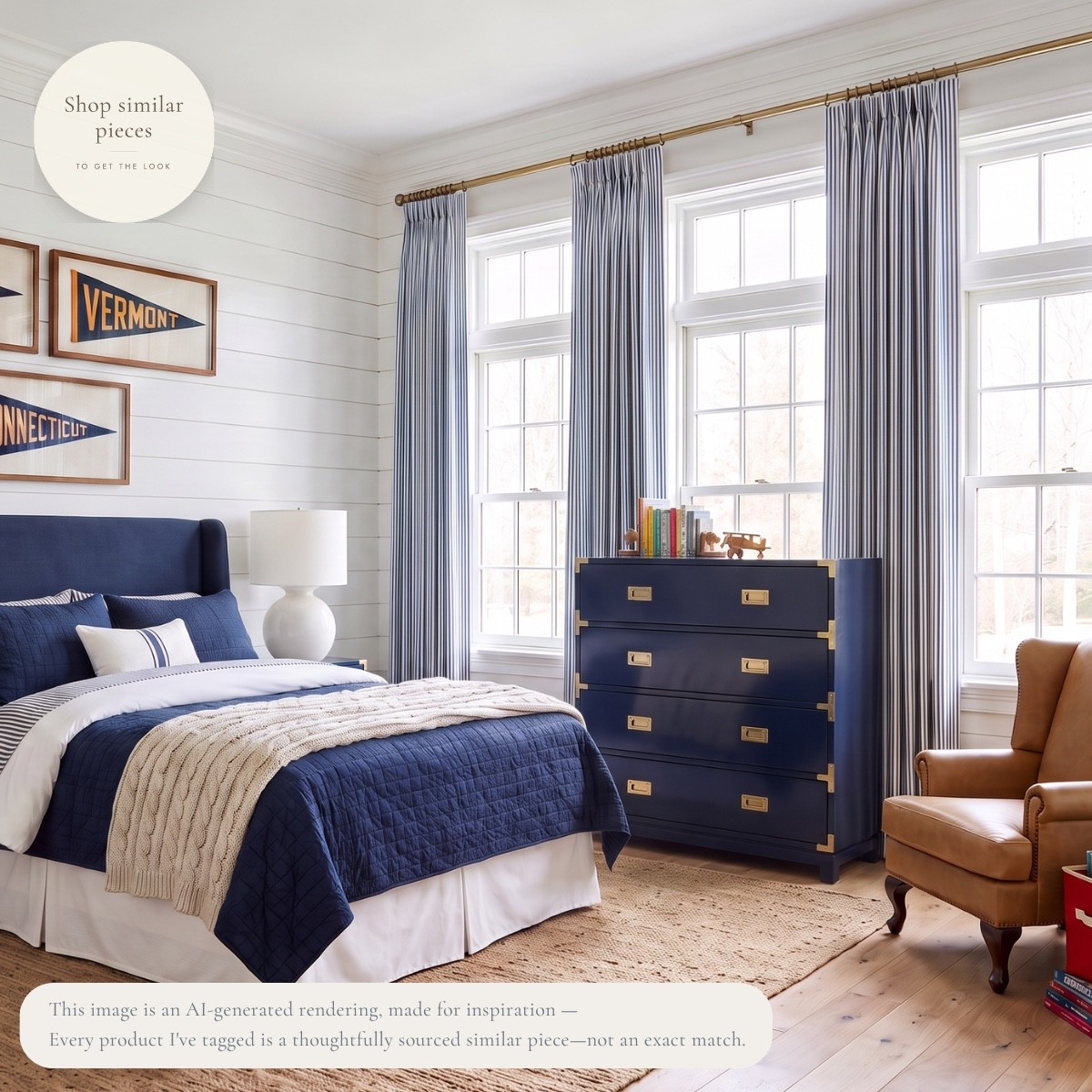 Navy, warm leather, and a little vintage Americana. 🤍

I love the mix of deep navy walls with the light upholstered bed, warm wood, and that leather reading chair. A few red accents add just enough color, while the brass lighting and vintage-inspired details give the room a collected feel that can easily grow with him.

I’ve tagged thoughtfully sourced similar pieces to help recreate the look.

AI-generated design concept for inspiration • Tagged products are thoughtfully sourced similar pieces, not exact matches • Affiliate links may be used. As an Amazon Associate, I earn from qualifying purchases.

#LTKHome