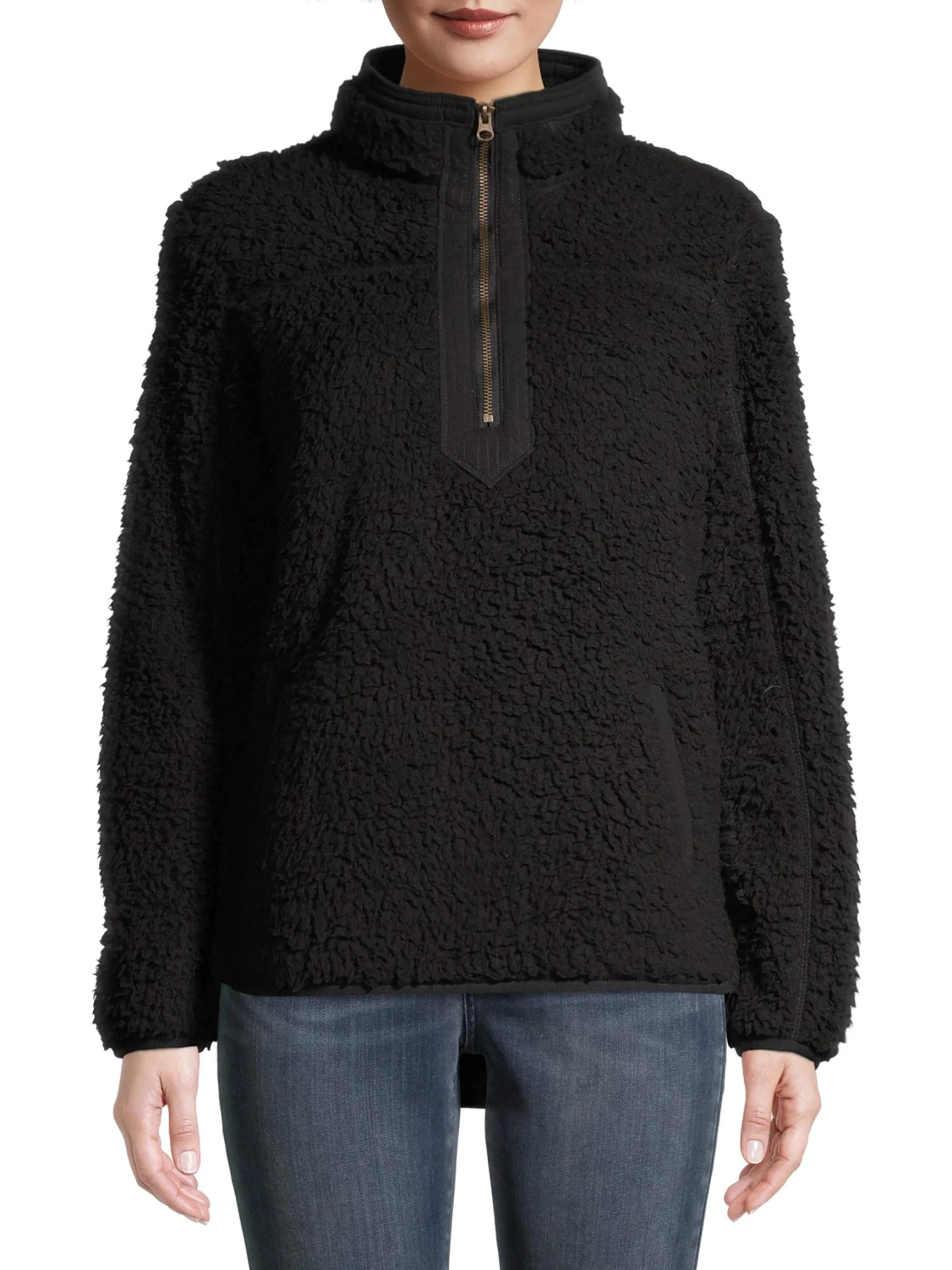 Time and Tru Women's Quarter Zip Faux Sherpa Pullover | Walmart (US)