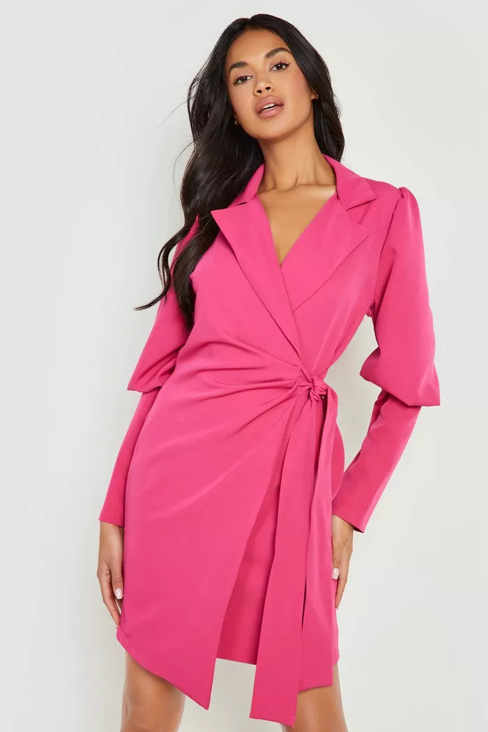 Puff Sleeve Wrap Tie Blazer Dress | boohoo (US & Canada)
