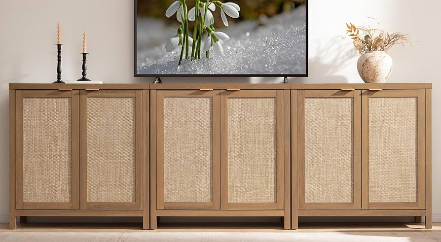 SICOTAS Sideboard Buffet Coffee Bar Cabinet - Boho Rattan Larger Credenza with Storage - 3 Pieces... | Amazon (US)