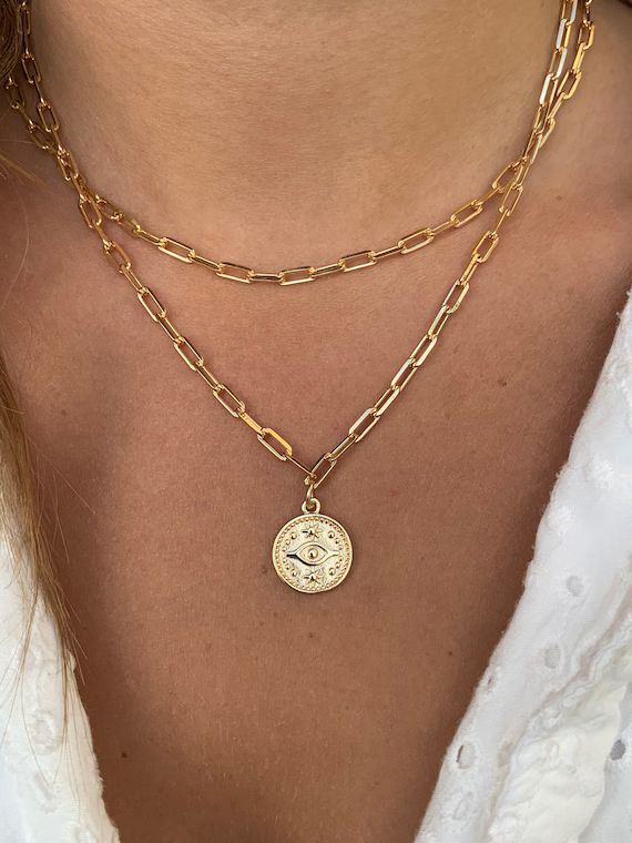 18 k Gold-filled link necklace|Thick chain 18 K Gold filled| Evil Eye necklace| Layered Link Chai... | Etsy (CAD)