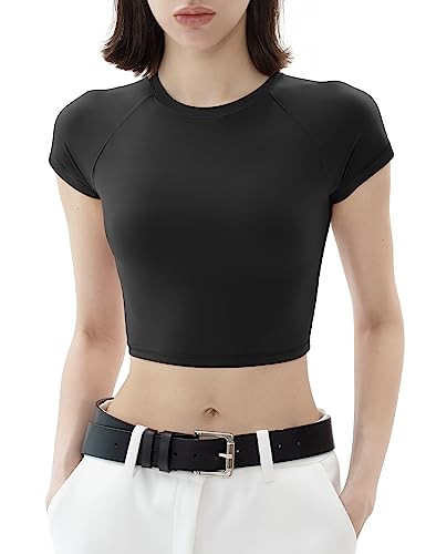 PUMIEY Crop Tops for Women Short Sleeve Crew Neck T Shirt Sexy Baby Tees Jet Black Medium | Amazon (US)
