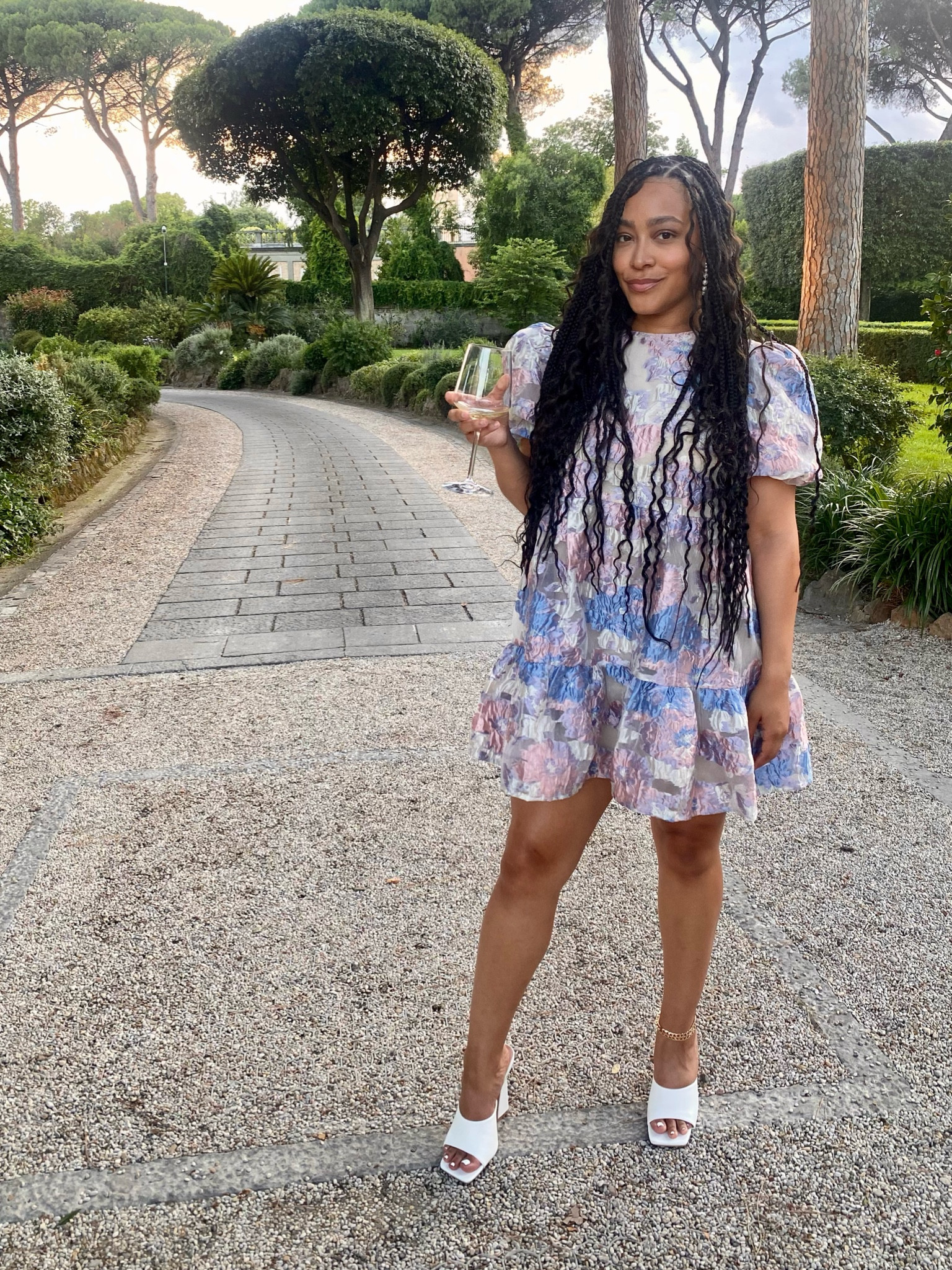 Wore this beautiful dress to a Welcome Party for a wedding weekend in Rome! The theme was Garden Chic 😍 The white shoes really pulled the fit together, and they are currently on SALE!!! Dress: Size M 

#LTKwedding #LTKeurope #LTKshoecrush