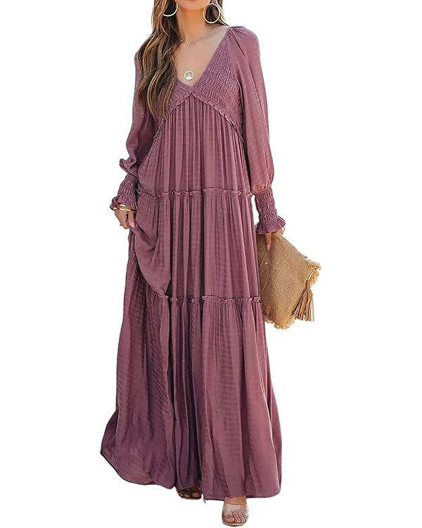 R.Vivimos Maxi Dress for Women Long Sleeve V Neck Empire Waist Layered Ruffle Boho Casual Flowy L... | Amazon (US)