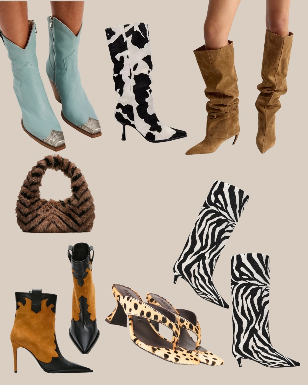 Exact cow print boots are sold out but I linked 2 used pairs from postmark — sizes 5.5 and 6! 

Sharing a bunch of other fun boots + shoes + accessories. Happy shopping sister