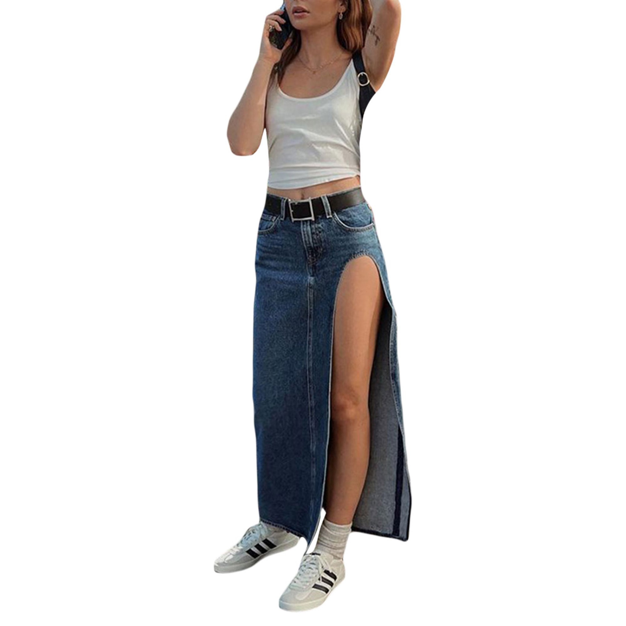 Sunisery Womens Summer Casual Slit Long Denim Skirt High Waist Blue Jean Skirt with Pockets - Wal... | Walmart (US)