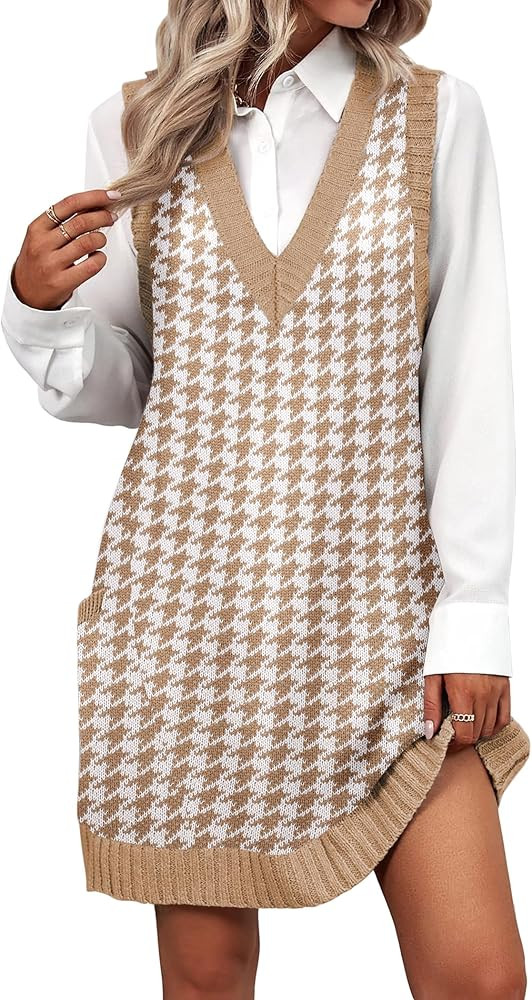 Zeagoo Womens Sweater Vest Dress Pattern Knitted Pullovers Sweaters V Neck Tank Sweater Dress wit... | Amazon (US)