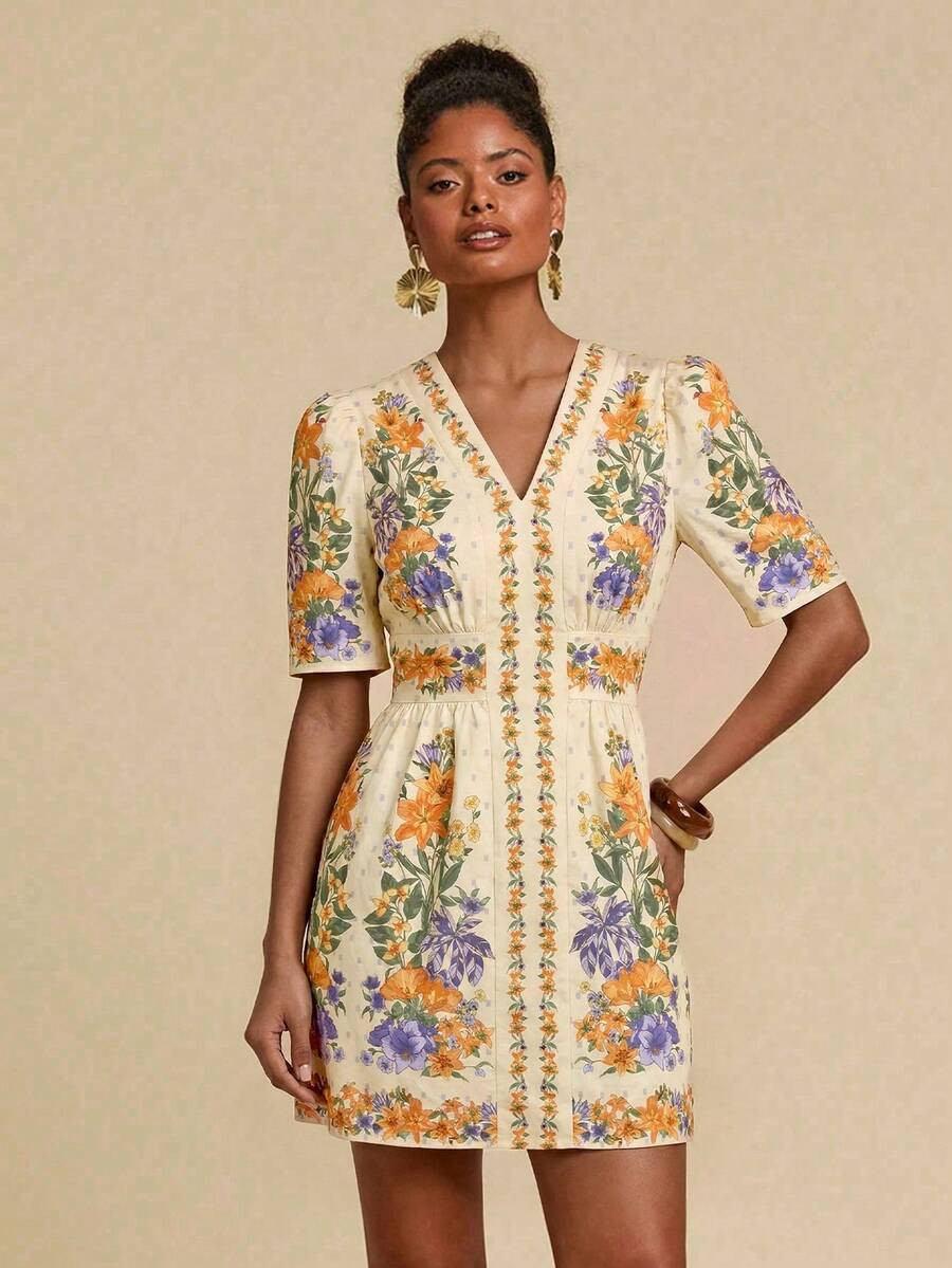 Travachic Boho Mini A Line Dress For Women V Neck Short Puff Sleeve Black Random Floral Print Wov... | SHEIN