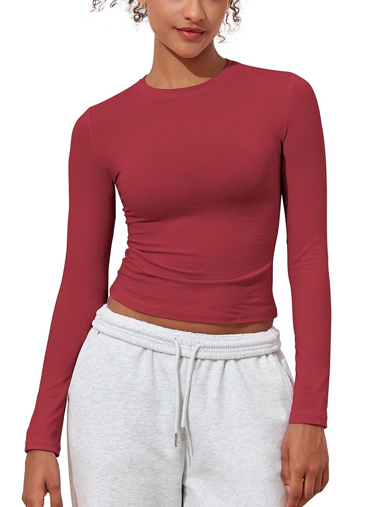 PrettyGuide Women's Cotton Jersey Long Sleeve Shirts Tight Fit Crewneck Crop Tops Basic Fall Goin... | Amazon (US)