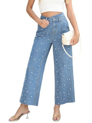 Flvsun Women's High Waisted Wide Straight Leg Jeans Boyfriend Baggy Trendy Pearl Denim Pants Trousers Light Blue L. | Amazon (US)