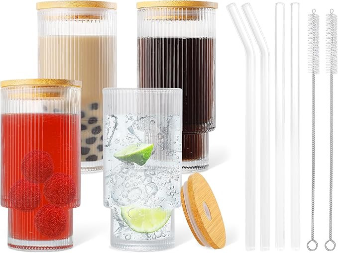 DoceMora Ribbed Glass cups with Bamboo Lids and Glass Straws Set of 4, Vintage Origami Style Clea... | Amazon (US)